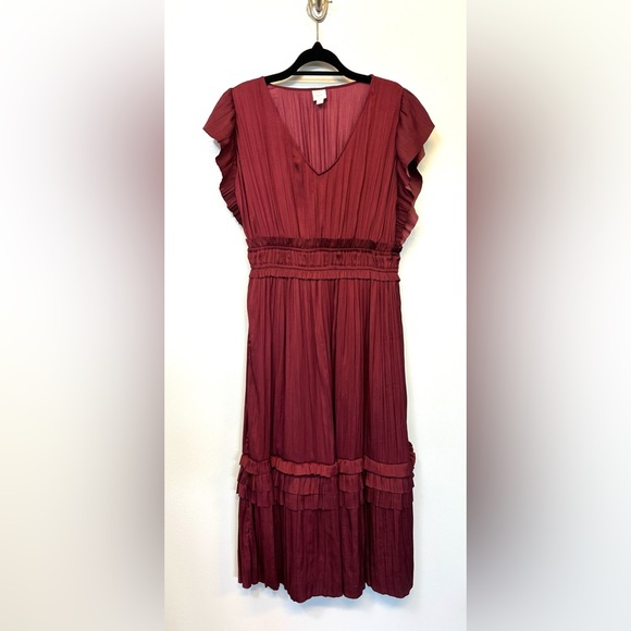 Roan + Ryan Evereve Talulah Wine Satin Shirred Tiered Ruffle Trim Midi Dress M - Picture 3 of 8